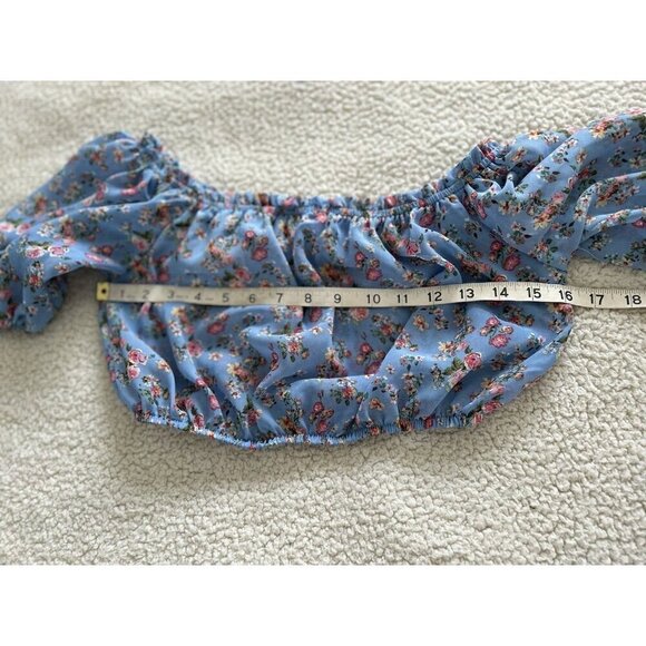 AVA + ESME  Short Puff Sleeve Blue/Pink Floral Chiffon On/Off Shoulder Crop Top - Picture 7 of 8